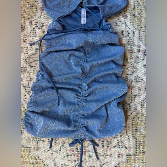 Lucy in the Sky Dusty Blue Glitter Ruched Bodycon Mini Dress Size Medium - Picture 5 of 8